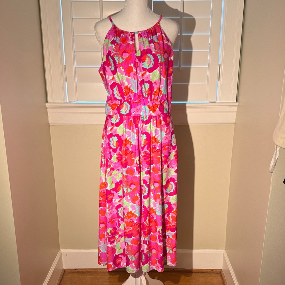 Jude Connally Bright Pink Floral Halter Midi Dress